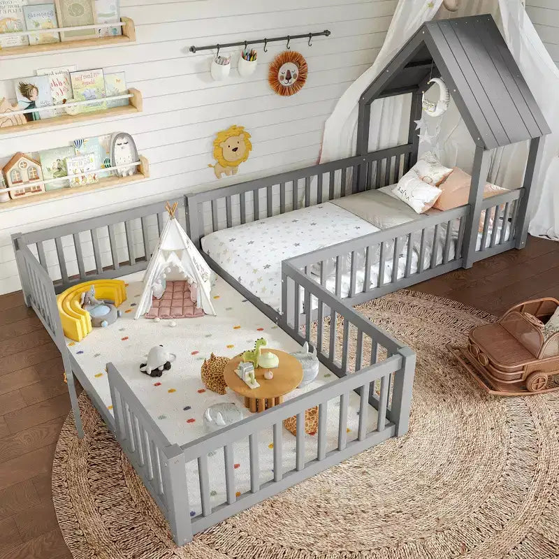 Twin/Full Kids House Floor Bed, Double Twin Montessori Bed Frame with Door & Full-Length Guardrails - ModernLuxe