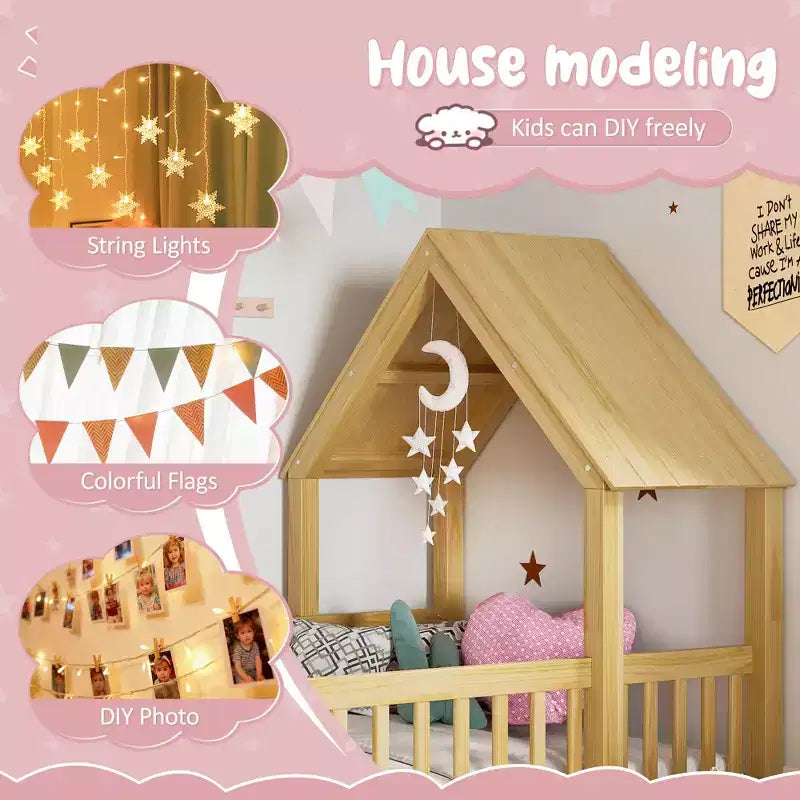Twin/Full Kids House Floor Bed, Double Twin Montessori Bed Frame with Door & Full-Length Guardrails - ModernLuxe