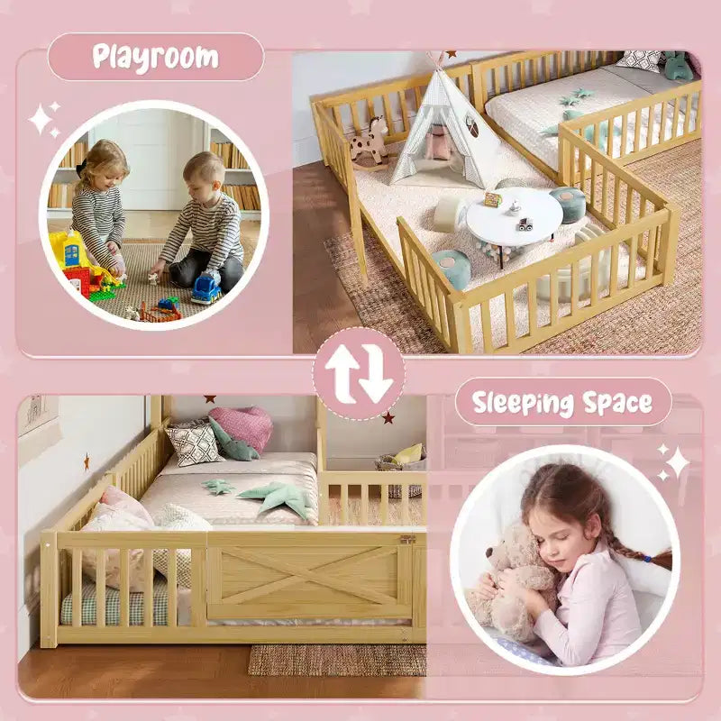 Twin/Full Kids House Floor Bed, Double Twin Montessori Bed Frame with Door & Full-Length Guardrails - ModernLuxe