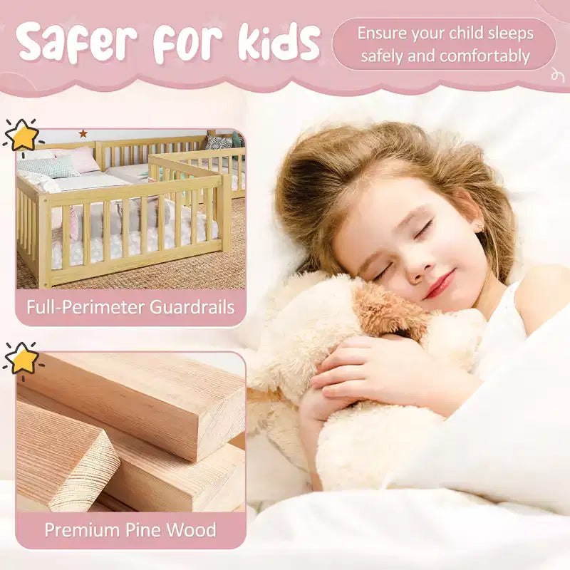 Twin/Full Kids House Floor Bed, Double Twin Montessori Bed Frame with Door & Full-Length Guardrails - ModernLuxe