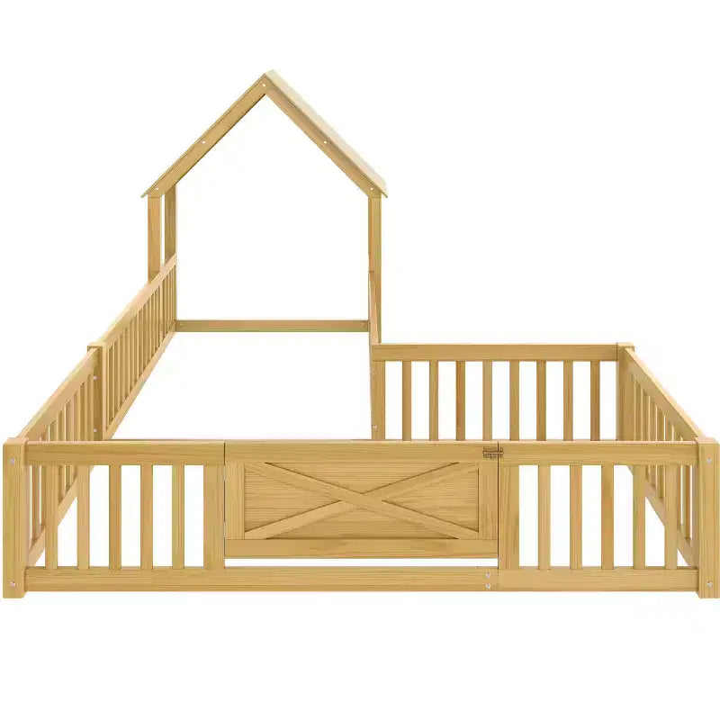 Twin/Full Kids House Floor Bed, Double Twin Montessori Bed Frame with Door & Full-Length Guardrails - ModernLuxe