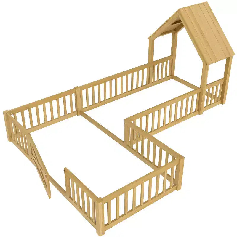 Twin/Full Kids House Floor Bed, Double Twin Montessori Bed Frame with Door & Full-Length Guardrails - ModernLuxe