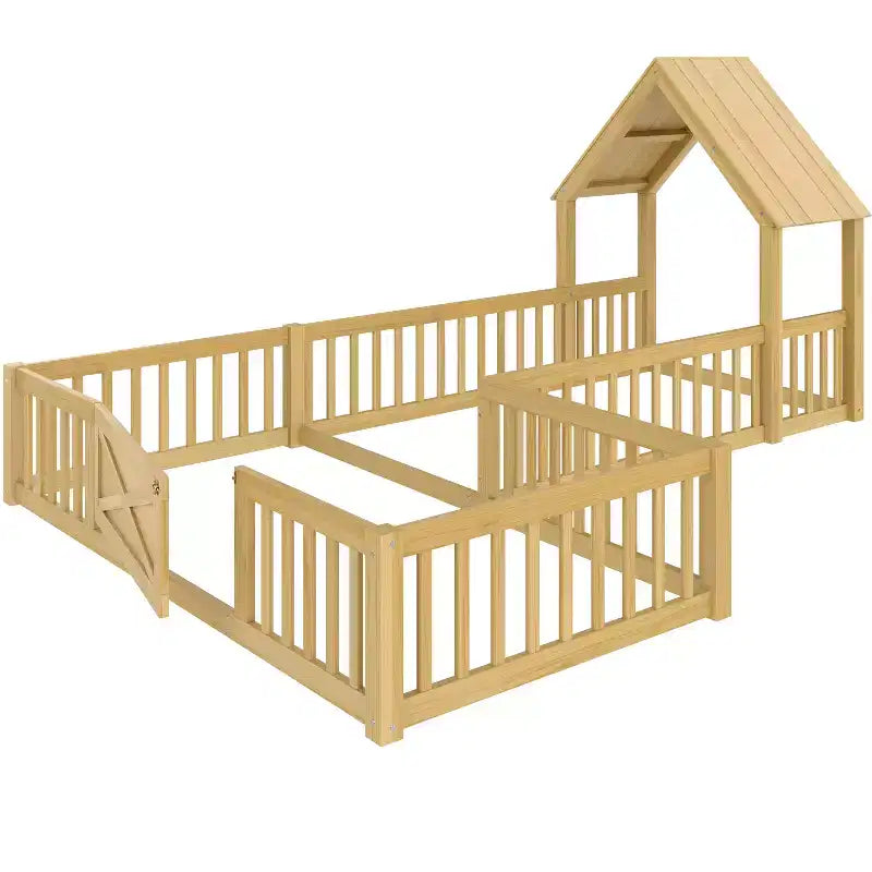Twin/Full Kids House Floor Bed, Double Twin Montessori Bed Frame with Door & Full-Length Guardrails - ModernLuxe