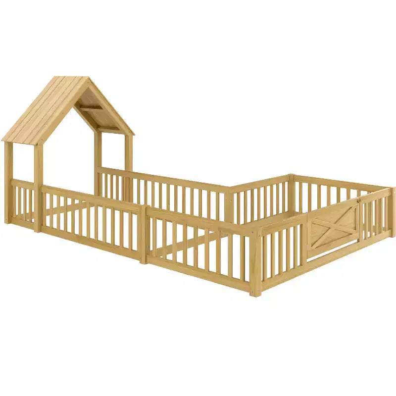 Twin/Full Kids House Floor Bed, Double Twin Montessori Bed Frame with Door & Full-Length Guardrails - ModernLuxe