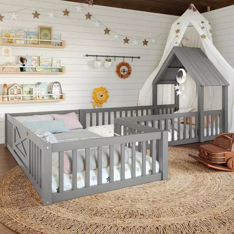 Twin/Full Kids House Floor Bed, Double Twin Montessori Bed Frame with Door & Full-Length Guardrails - ModernLuxe