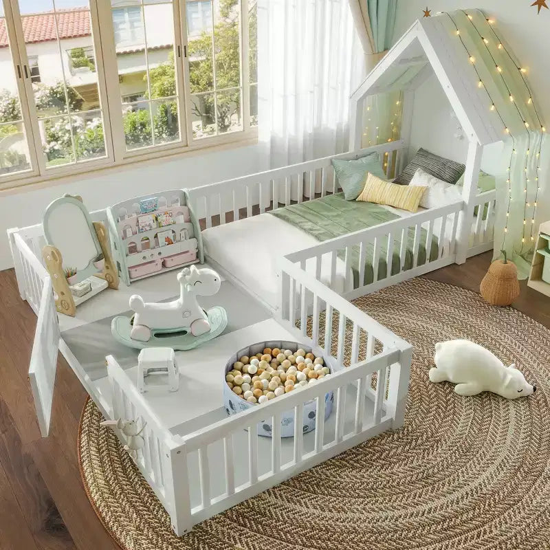 Twin/Full Kids House Floor Bed, Double Twin Montessori Bed Frame with Door & Full-Length Guardrails - ModernLuxe