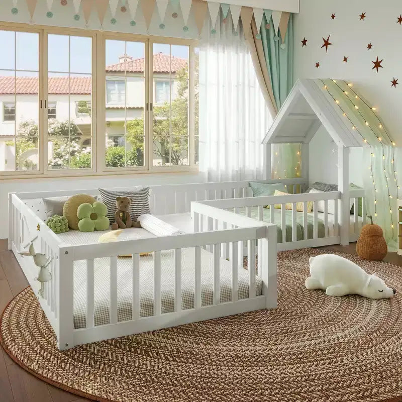 Twin/Full Kids House Floor Bed, Double Twin Montessori Bed Frame with Door & Full-Length Guardrails - ModernLuxe