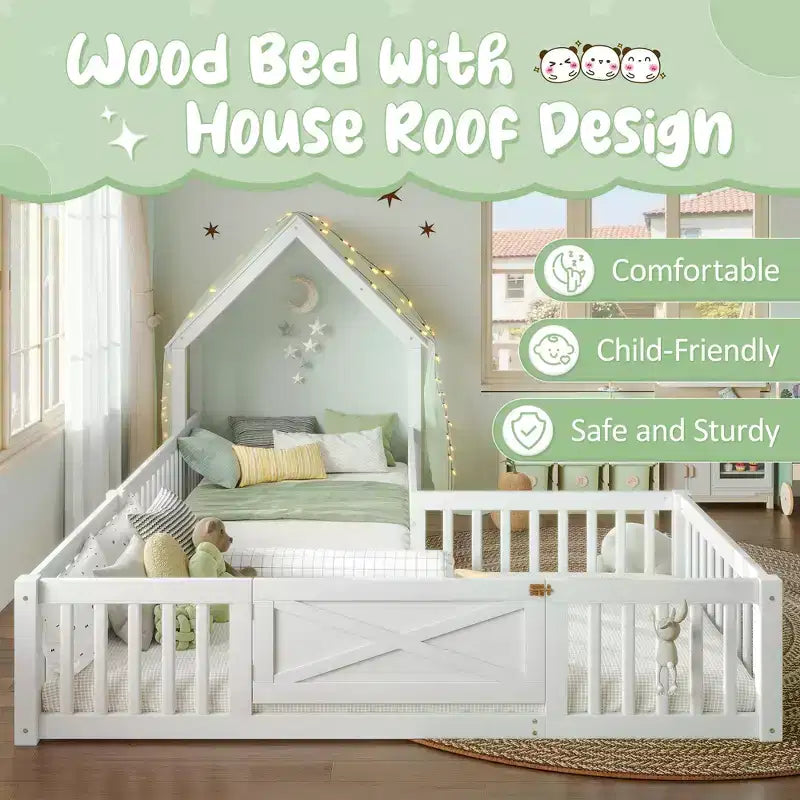 Twin/Full Kids House Floor Bed, Double Twin Montessori Bed Frame with Door & Full-Length Guardrails - ModernLuxe