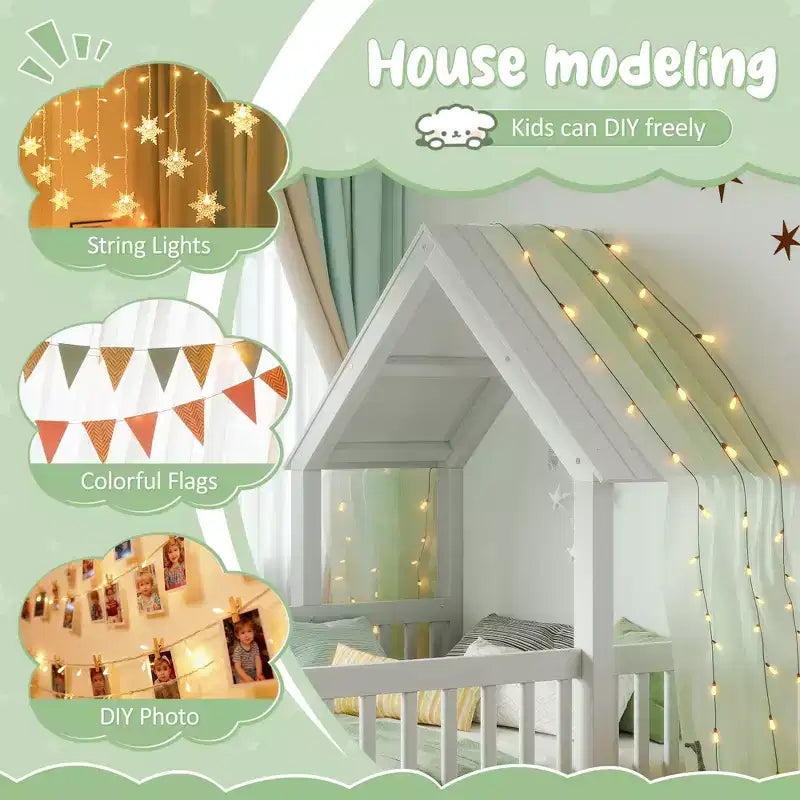 Twin/Full Kids House Floor Bed, Double Twin Montessori Bed Frame with Door & Full-Length Guardrails - ModernLuxe
