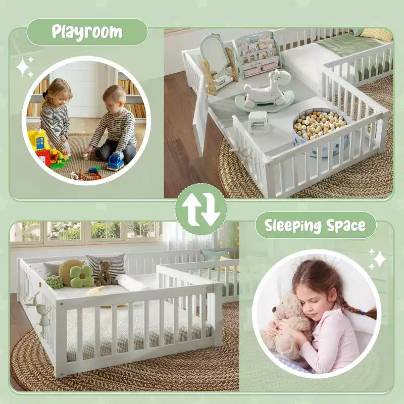 Twin/Full Kids House Floor Bed, Double Twin Montessori Bed Frame with Door & Full-Length Guardrails - ModernLuxe