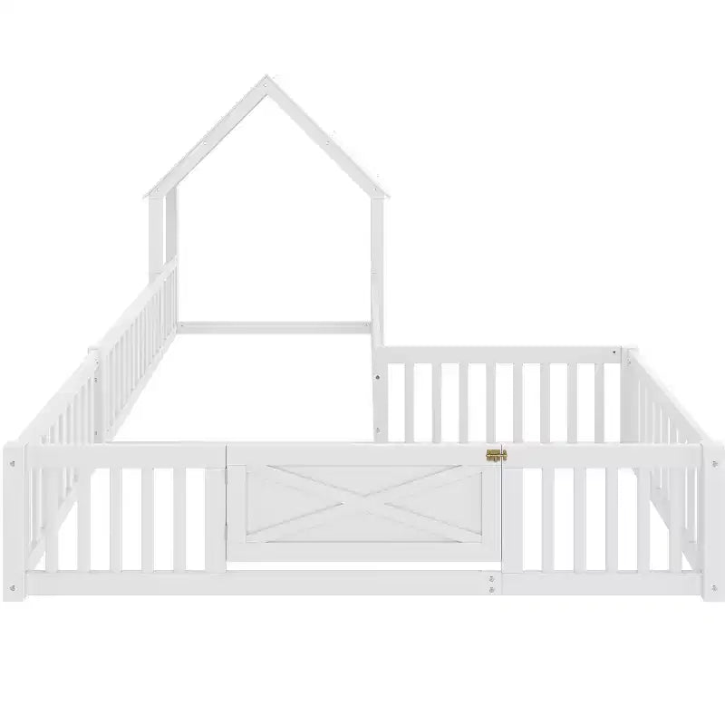 Twin/Full Kids House Floor Bed, Double Twin Montessori Bed Frame with Door & Full-Length Guardrails - ModernLuxe