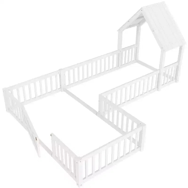 Twin/Full Kids House Floor Bed, Double Twin Montessori Bed Frame with Door & Full-Length Guardrails - ModernLuxe