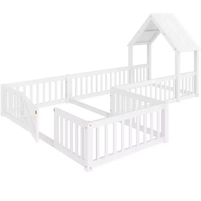 Twin/Full Kids House Floor Bed, Double Twin Montessori Bed Frame with Door & Full-Length Guardrails - ModernLuxe