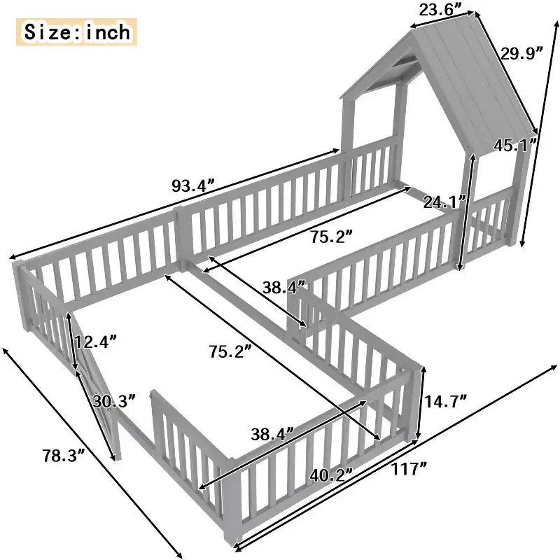 Twin/Full Kids House Floor Bed, Double Twin Montessori Bed Frame with Door & Full-Length Guardrails - ModernLuxe
