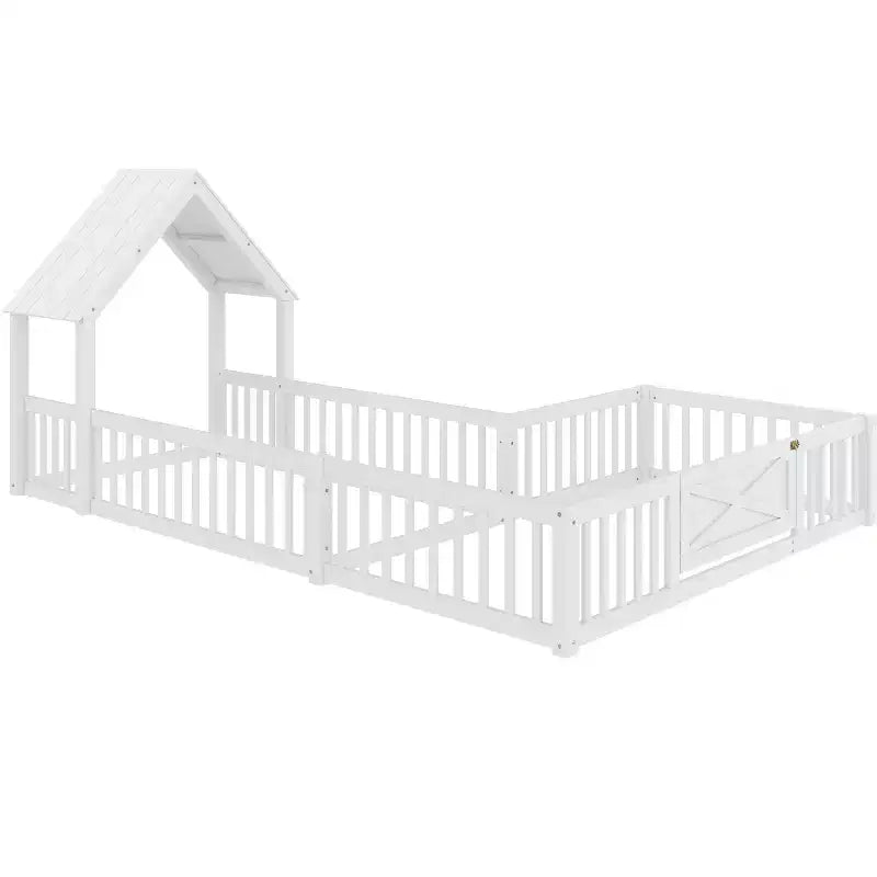 Twin/Full Kids House Floor Bed, Double Twin Montessori Bed Frame with Door & Full-Length Guardrails - ModernLuxe
