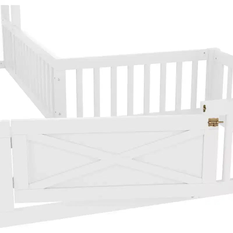 Twin/Full Kids House Floor Bed, Double Twin Montessori Bed Frame with Door & Full-Length Guardrails - ModernLuxe