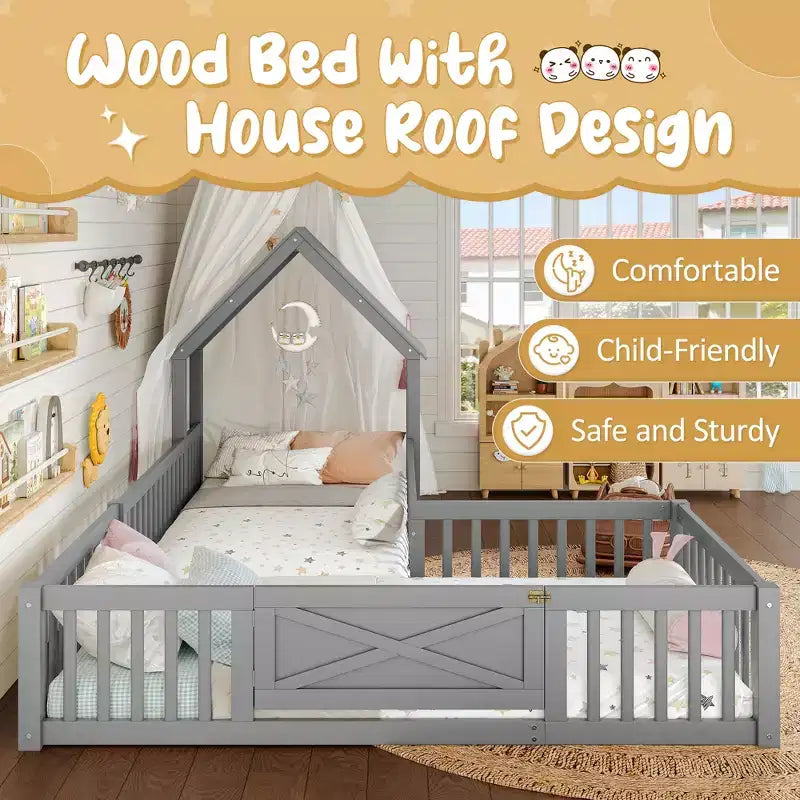 Twin/Full Kids House Floor Bed, Double Twin Montessori Bed Frame with Door & Full-Length Guardrails - ModernLuxe