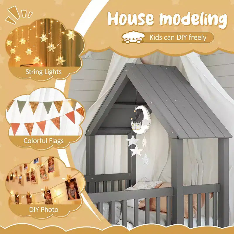 Twin/Full Kids House Floor Bed, Double Twin Montessori Bed Frame with Door & Full-Length Guardrails - ModernLuxe