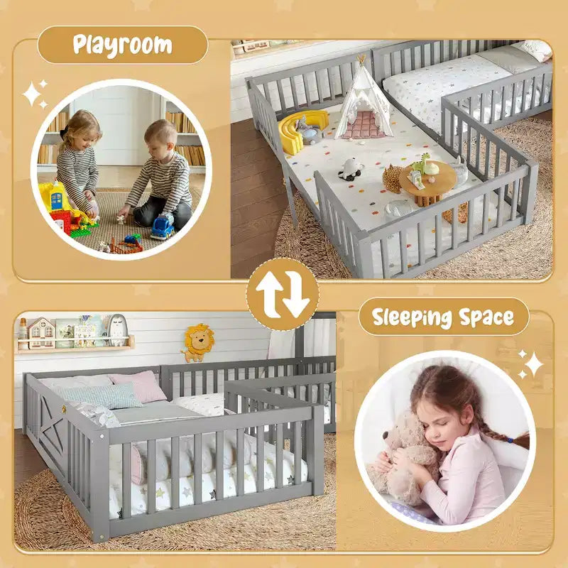 Twin/Full Kids House Floor Bed, Double Twin Montessori Bed Frame with Door & Full-Length Guardrails - ModernLuxe