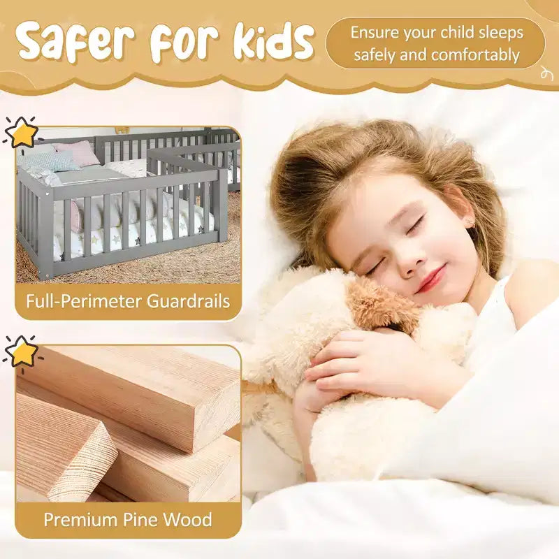 Twin/Full Kids House Floor Bed, Double Twin Montessori Bed Frame with Door & Full-Length Guardrails - ModernLuxe