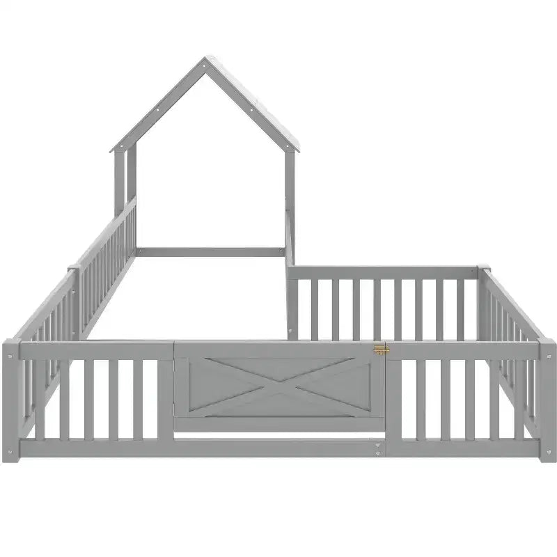 Twin/Full Kids House Floor Bed, Double Twin Montessori Bed Frame with Door & Full-Length Guardrails - ModernLuxe