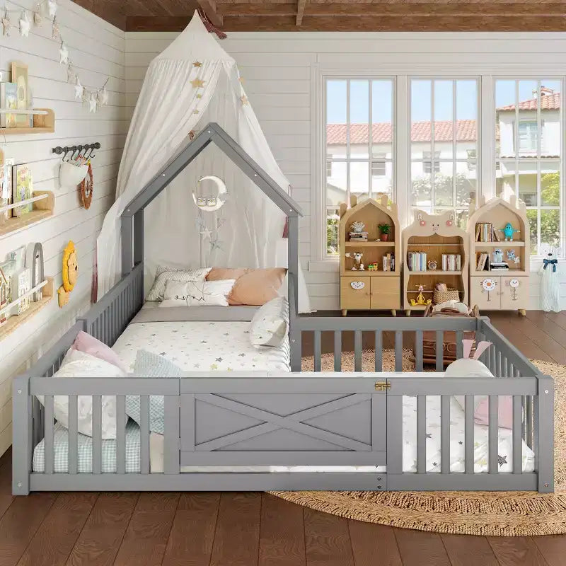 Twin/Full Kids House Floor Bed, Double Twin Montessori Bed Frame with Door & Full-Length Guardrails - ModernLuxe