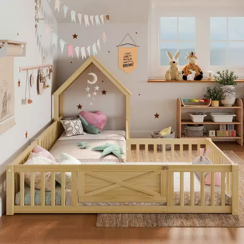 Twin/Full Kids House Floor Bed, Double Twin Montessori Bed Frame with Door & Full-Length Guardrails - ModernLuxe