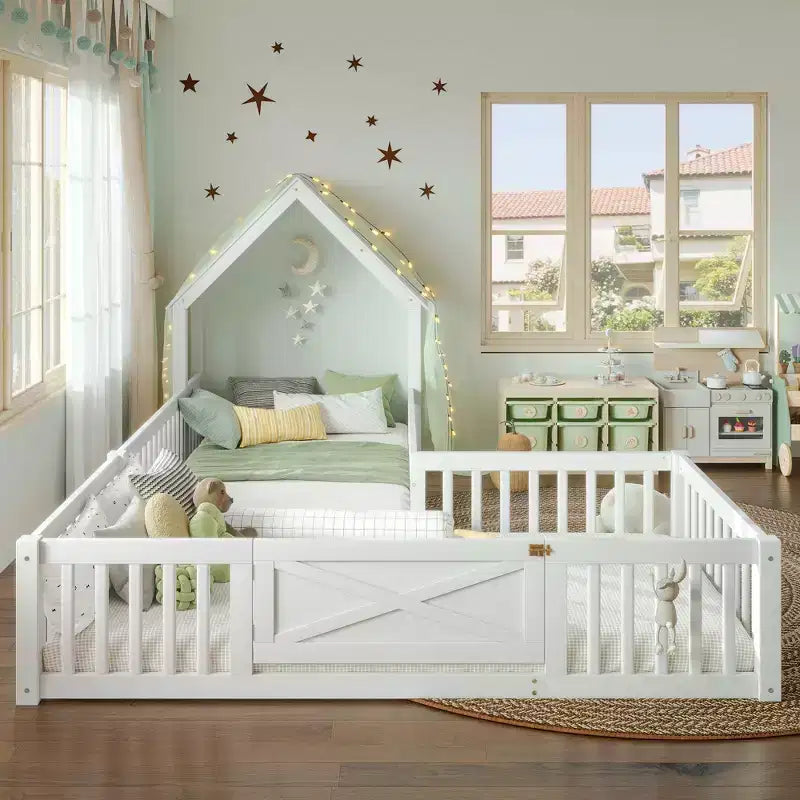 Twin/Full Kids House Floor Bed, Double Twin Montessori Bed Frame with Door & Full-Length Guardrails - ModernLuxe