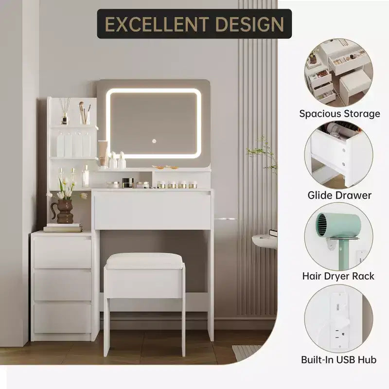 Vanity Desk with Mirror and LED, Power Outlet, 3 Color Adjustable Light, 4 Drawers, Storage Shelves & Stool for Bedroom