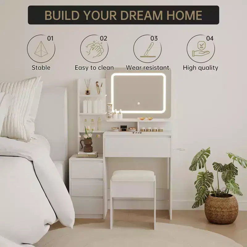 Vanity Desk with Mirror and LED, Power Outlet, 3 Color Adjustable Light, 4 Drawers, Storage Shelves & Stool for Bedroom