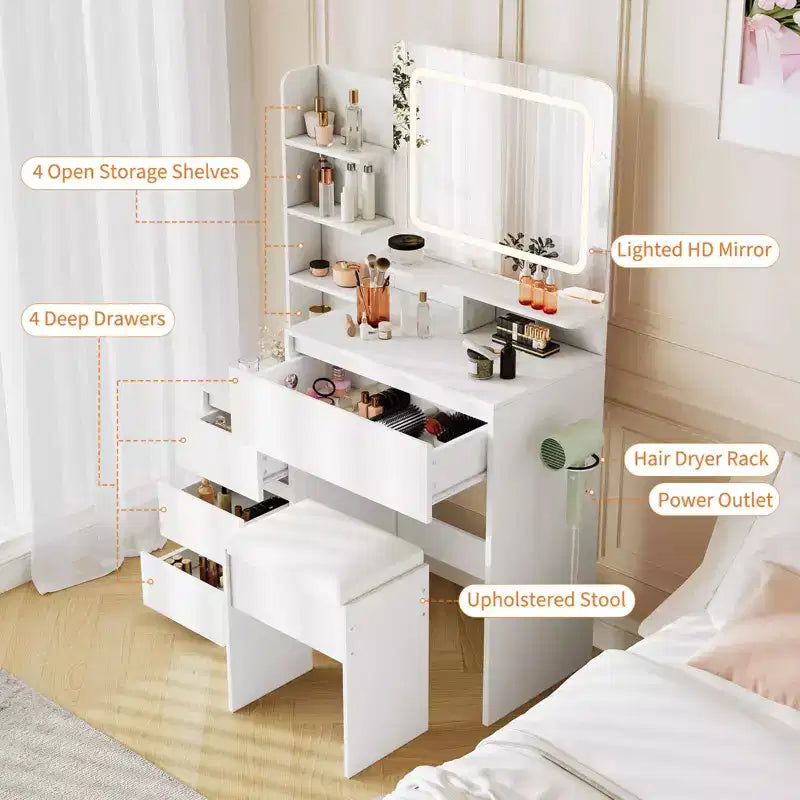 Vanity Desk with Mirror and LED, Power Outlet, 3 Color Adjustable Light, 4 Drawers, Storage Shelves & Stool for Bedroom