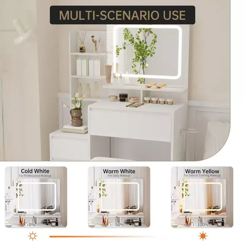Vanity Desk with Mirror and LED, Power Outlet, 3 Color Adjustable Light, 4 Drawers, Storage Shelves & Stool for Bedroom