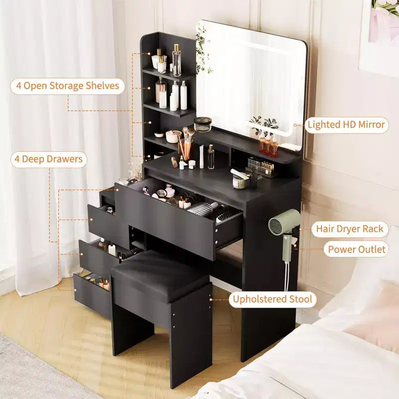 Vanity Desk with Mirror and LED, Power Outlet, 3 Color Adjustable Light, 4 Drawers, Storage Shelves & Stool for Bedroom