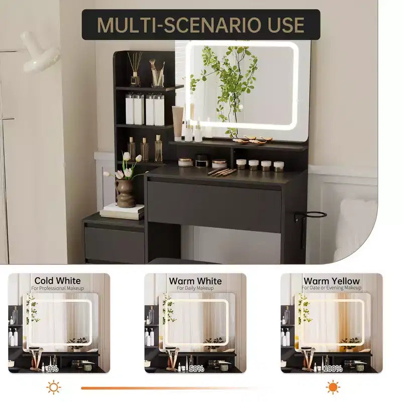 Vanity Desk with Mirror and LED, Power Outlet, 3 Color Adjustable Light, 4 Drawers, Storage Shelves & Stool for Bedroom