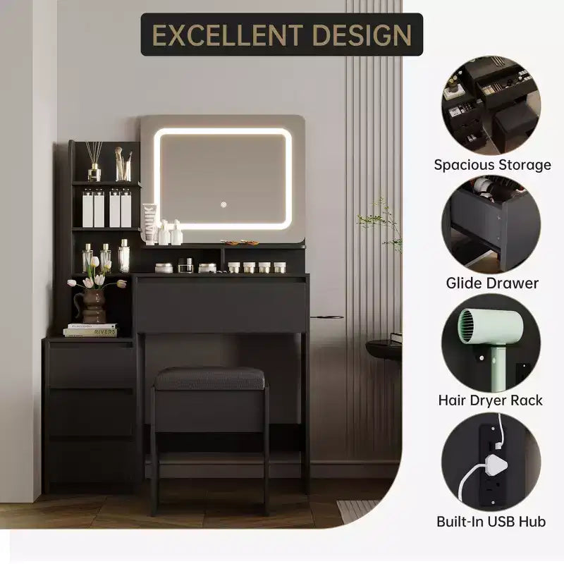Vanity Desk with Mirror and LED, Power Outlet, 3 Color Adjustable Light, 4 Drawers, Storage Shelves & Stool for Bedroom