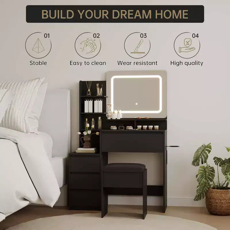 Vanity Desk with Mirror and LED, Power Outlet, 3 Color Adjustable Light, 4 Drawers, Storage Shelves & Stool for Bedroom