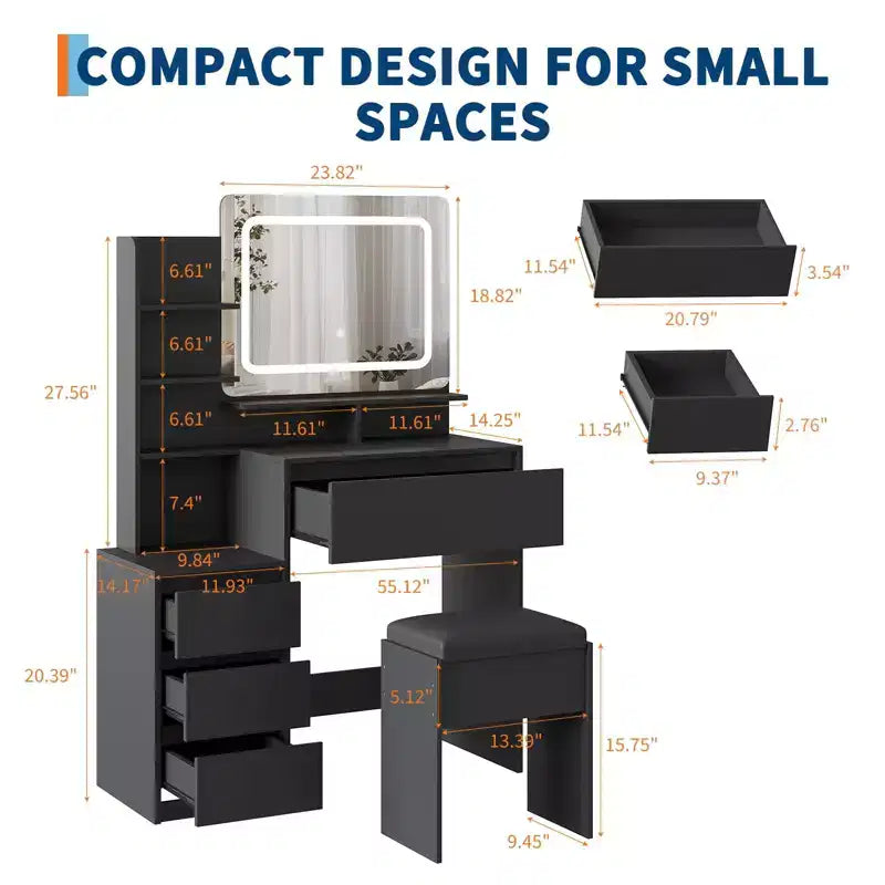 Vanity Desk with Mirror and LED, Power Outlet, 3 Color Adjustable Light, 4 Drawers, Storage Shelves & Stool for Bedroom