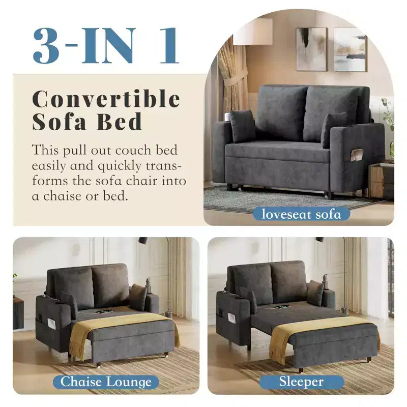Garvee 3 in 1 Pull Out Couch, 56 in Convertible Sleeper Sofa Bed, Loveseat Sofa Couch with Cup Holders & Side Pocket, Toss Pillows