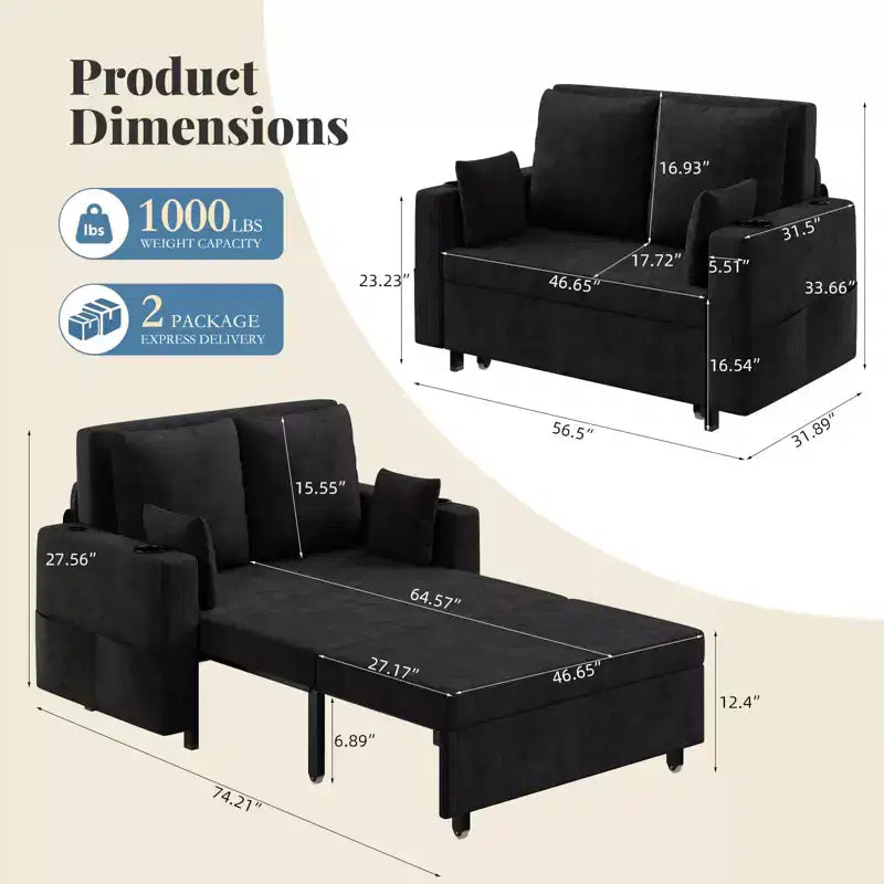 Garvee 3 in 1 Pull Out Couch, 56 in Convertible Sleeper Sofa Bed, Loveseat Sofa Couch with Cup Holders & Side Pocket, Toss Pillows