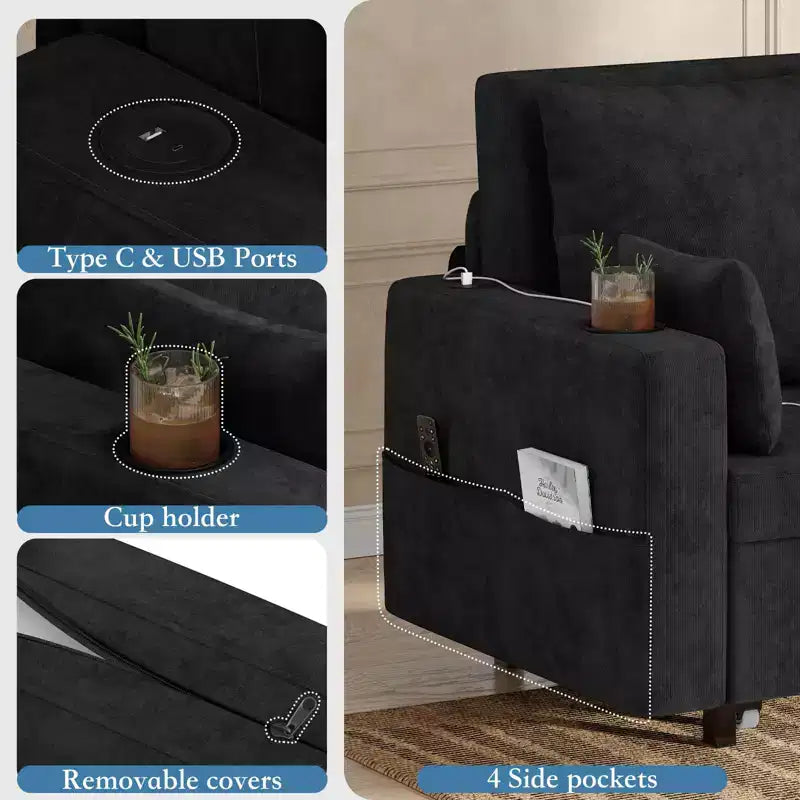 Garvee 3 in 1 Pull Out Couch, 56 in Convertible Sleeper Sofa Bed, Loveseat Sofa Couch with Cup Holders & Side Pocket, Toss Pillows