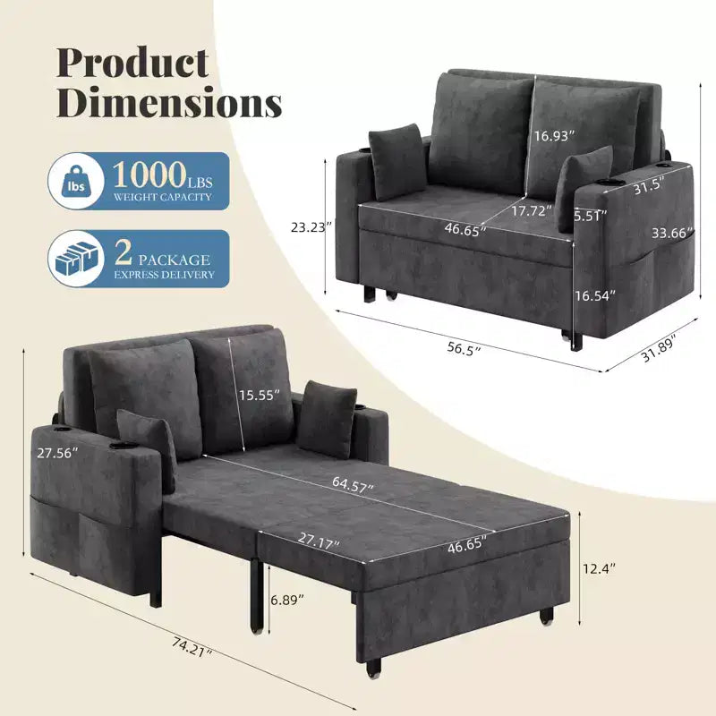 Garvee 3 in 1 Pull Out Couch, 56 in Convertible Sleeper Sofa Bed, Loveseat Sofa Couch with Cup Holders & Side Pocket, Toss Pillows