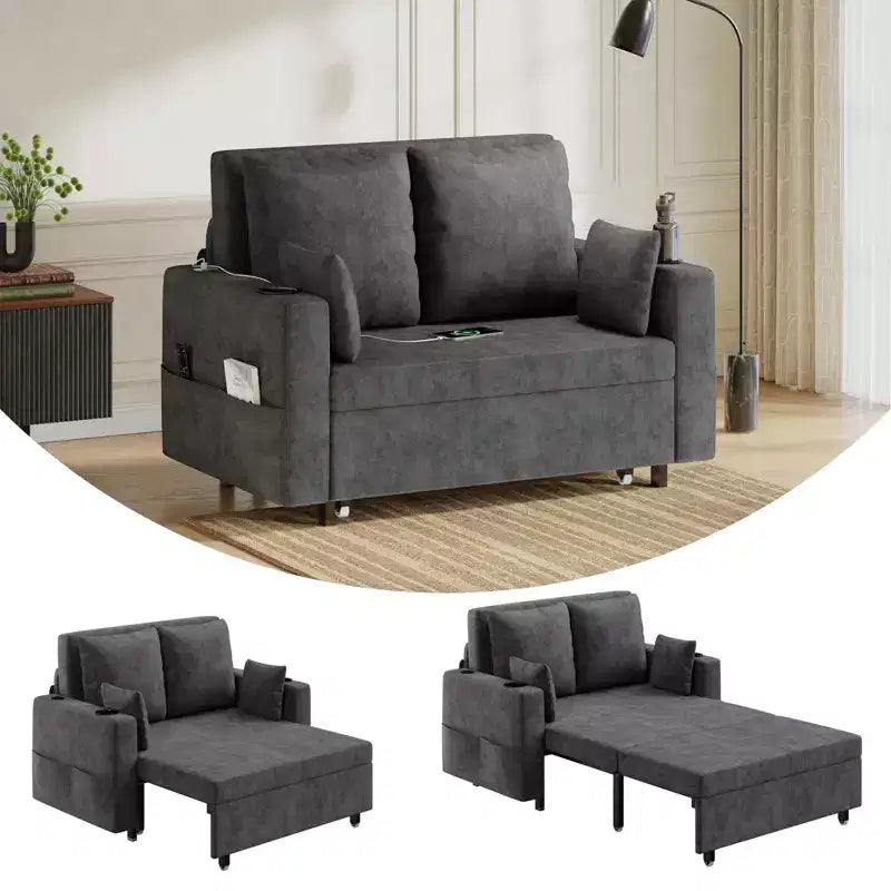 Garvee 3 in 1 Pull Out Couch, 56 in Convertible Sleeper Sofa Bed, Loveseat Sofa Couch with Cup Holders & Side Pocket, Toss Pillows