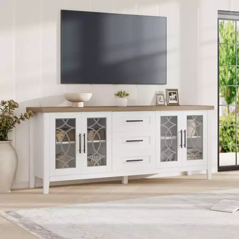 Farmhouse TV Stand with Glass Door for 70 Inch Tv, Mid Century Modern Entertainment Center