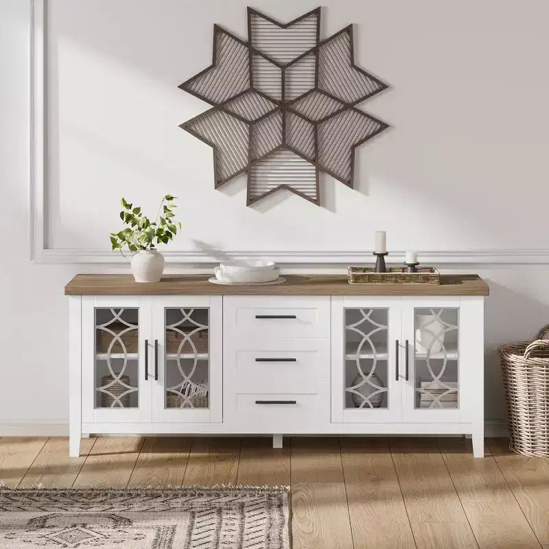 Farmhouse TV Stand with Glass Door for 70 Inch Tv, Mid Century Modern Entertainment Center