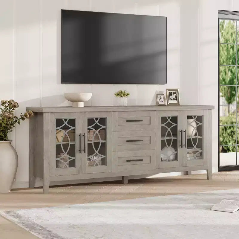 Farmhouse TV Stand with Glass Door for 70 Inch Tv, Mid Century Modern Entertainment Center