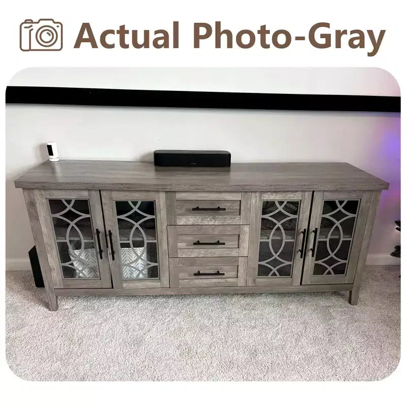 Farmhouse TV Stand with Glass Door for 70 Inch Tv, Mid Century Modern Entertainment Center