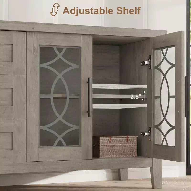Farmhouse TV Stand with Glass Door for 70 Inch Tv, Mid Century Modern Entertainment Center