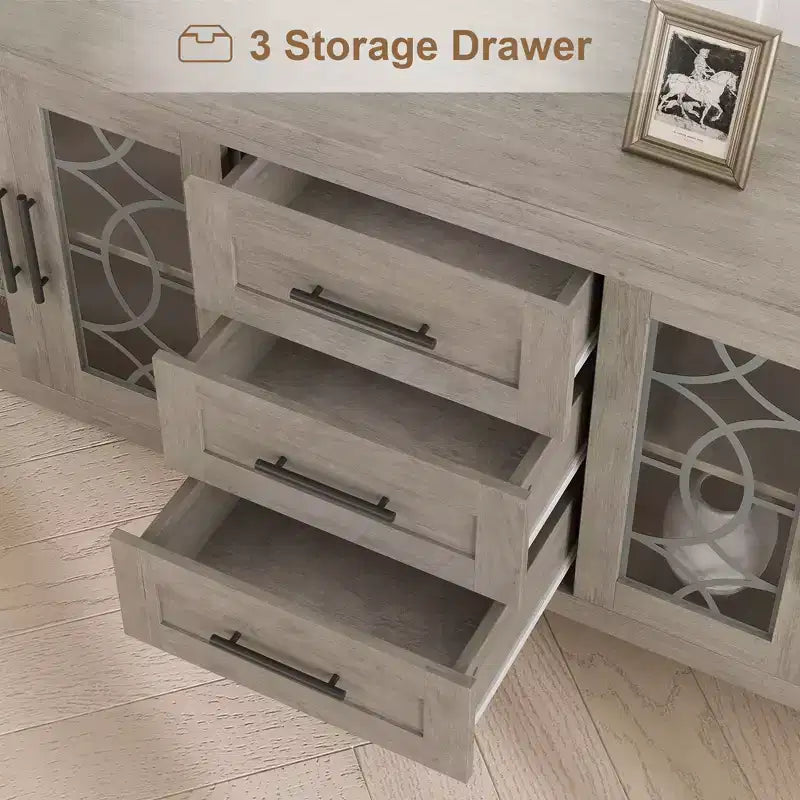 Farmhouse TV Stand with Glass Door for 70 Inch Tv, Mid Century Modern Entertainment Center
