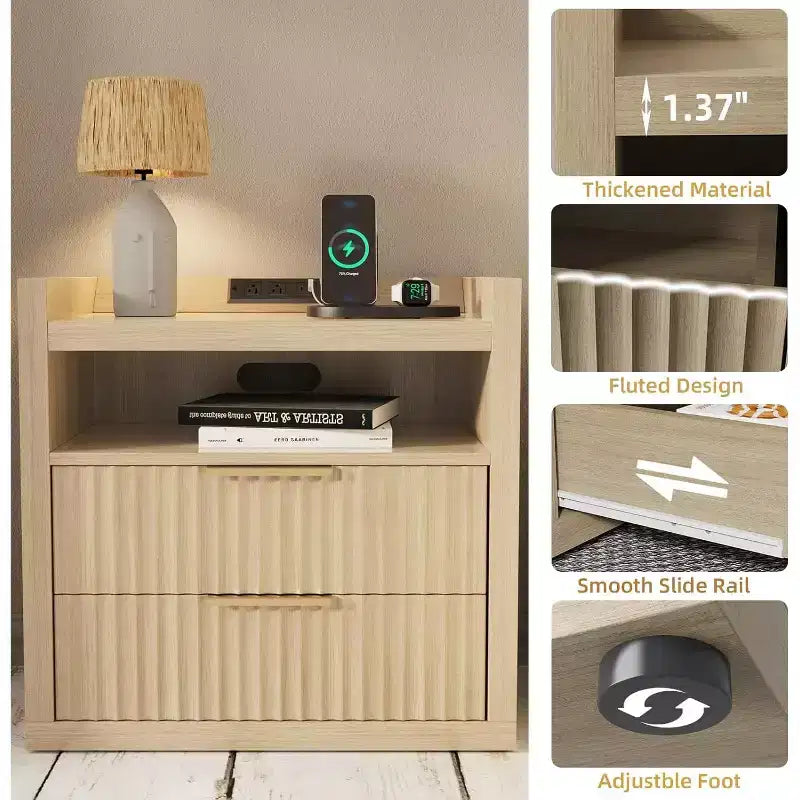 Natural Fluted End Table With Charging Station USB Ports 24 Inch Wide Nightstand 2 Drawers Wood Bedside Table Modern Storage Cabinet Living Room