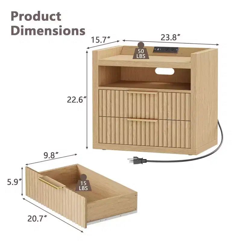 Natural Fluted End Table With Charging Station USB Ports 24 Inch Wide Nightstand 2 Drawers Wood Bedside Table Modern Storage Cabinet Living Room